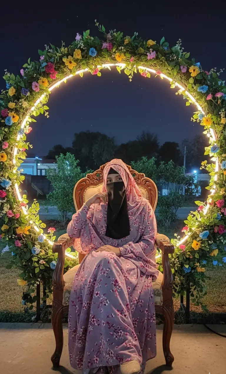 The girl in the picture sits confidently on a chair outside at night, framed inside a large bright circular ring decorated with vines, leaves and colorful don’t change the face#gemini #viral #frypgシ #viralvideo 