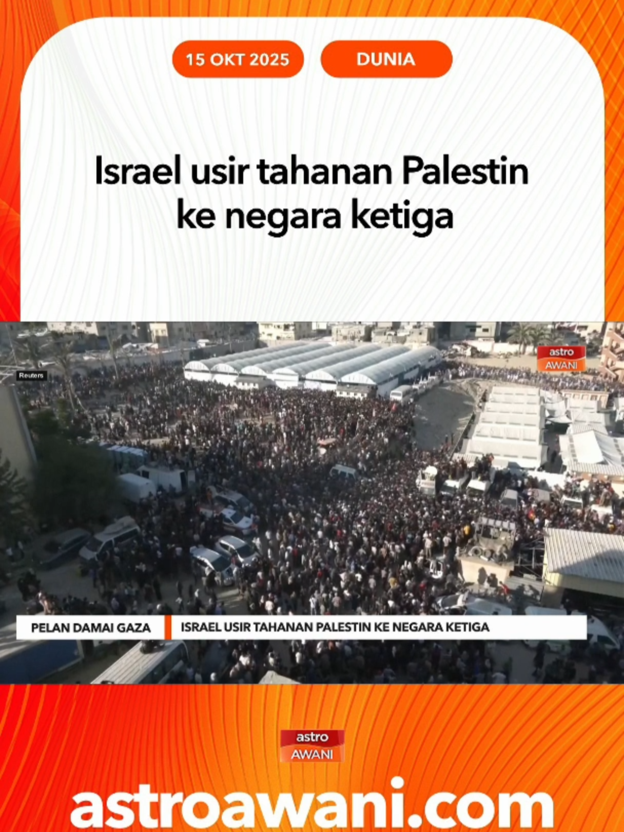 Seramai 154 tahanan Palestin yang dibebaskan di bawah perjanjian pertukaran tawanan dengan Israel terpaksa hidup dalam buangan di negara ketiga, termasuk Tunisia, Algeria dan Turkiye. Pemerhati menganggap pengusiran itu melanggar undang-undang antarabangsa dan menjadi simbol ketidakadilan terhadap rakyat Palestin. #AWANInews