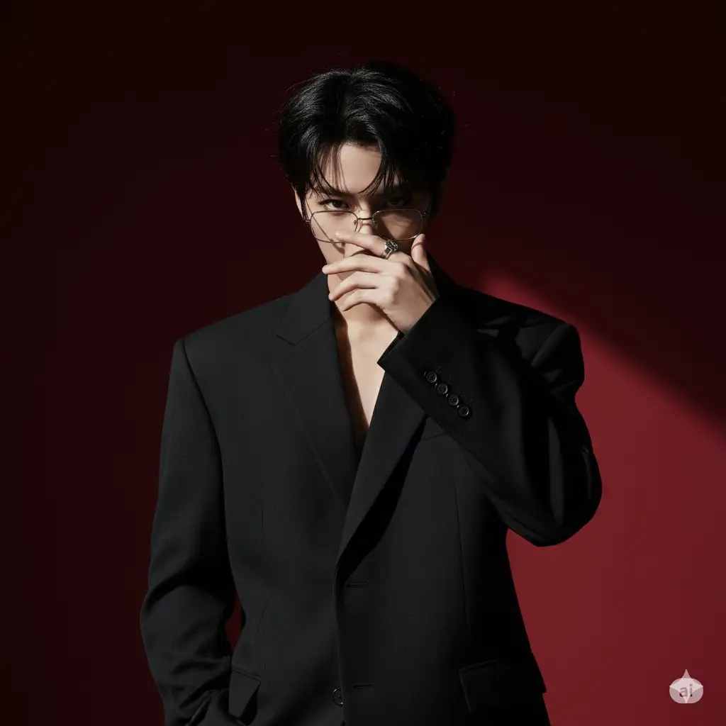 1. Open Gemini 📲 2. Upload your photo 📸 3. Paste the prompt 👇 A portrait features a young man , against a deep, dramatic red background with subtle light falloff and shadows that create a moody atmosphere. He is positioned from the waist up, facing the camera with a striking, intense pose. The man has black hair styled neatly, swept back from his forehead, and his skin tone appears light to medium. He is wearing a structured, oversized black blazer that is styled without an undershirt, revealing a sliver of his chest and collarbone. The blazer features prominent, sharp shoulder pads and wide lapels, contributing to a powerful, fashion-forward silhouette. One hand is partially visible in his jacket pocket, while the other hand is raised to his face. The raised hand, adorned with several silver rings on the fingers, covers the lower part of his face, obscuring his mouth and nose, and slightly touches the frames of his eyeglasses. He is wearing thin, silver-rimmed rectangular or oval eyeglasses. His expression is partially visible, with his eyes looking directly toward the viewer over the top of his hand. The lighting is low-key and dramatic, with a strong highlight on his head, the shoulders of the jacket, and the metallic details of his glasses and rings, contrasting with the deep shadows that fall across his body and the lower parts of the image, especially on the right side. The background is a rich, dark red, possibly velvet or a seamless paper, with patches of lighter red diffused by the studio lighting, enhancing the sultry, intense mood of the photograph.  #trungayai #ai #aiart #photo #gemini 