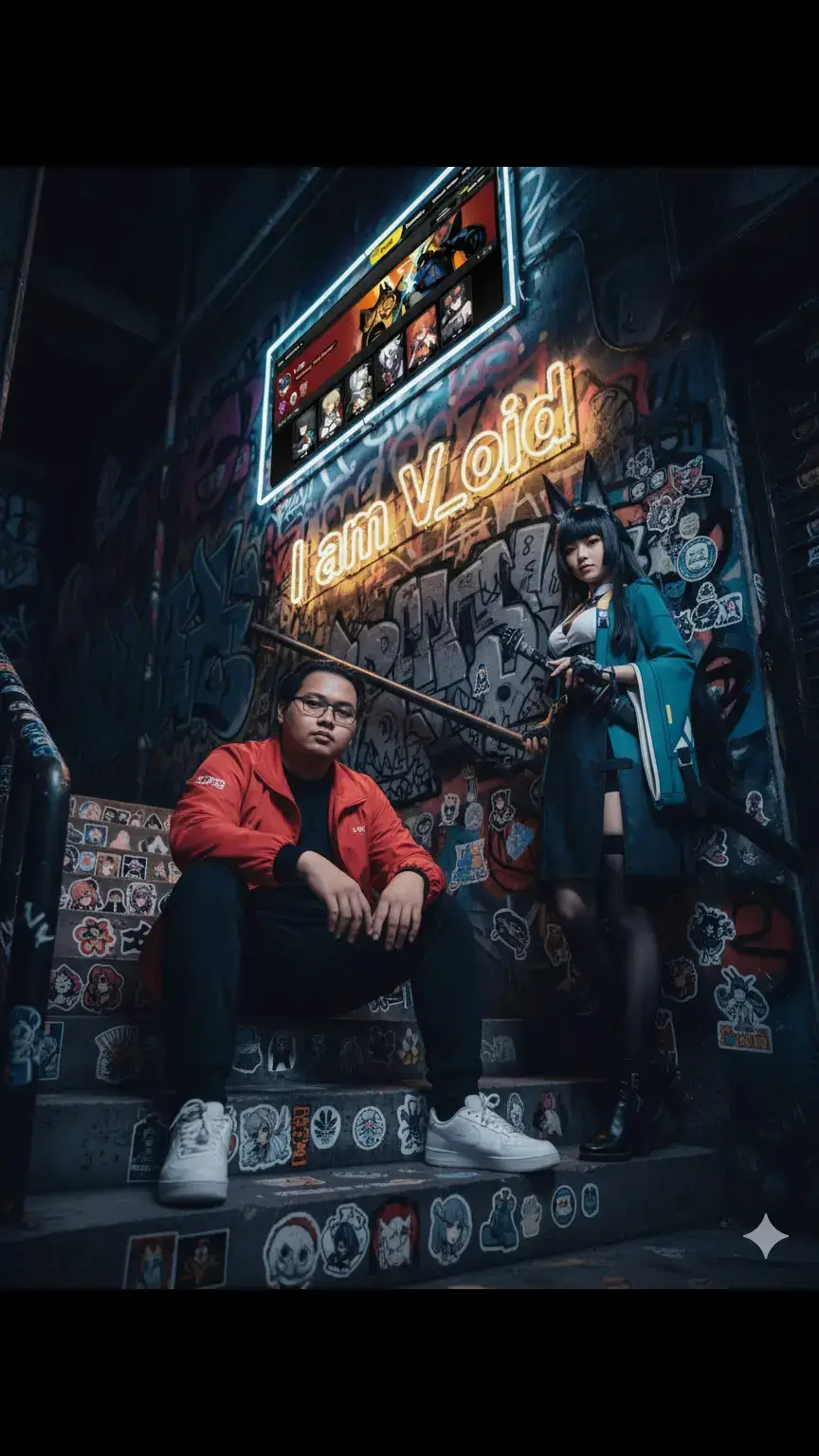 Prompt: Create a realistic image of the person in this photo (see the first uploaded photo). A Indonesian man with black hair, sits on concrete stairs covered with stickers of agents from the game Zenless Zone Zero, graffiti-covered walls with the words 'I am V_oid', and an LED billboard with white and yellow neon lights on the wall displaying his profile photo data (see uploaded profile photo). He is wearing a jacket with black jogger pants (see jacket photo), and white sneakers. The man's face is turned to the camera, looking straight at the camera with a serious or confident expression. Without changing his original face. And change the agent character (in the uploaded photo) to a Southeast Asian cosplayer, humanlike face, with a realistic body, tall posture, and the same clothes as in the photo with a normal contrast effect. He is leaning against the wall with her arms relaxed on her sword, natural lighting from the reflection of the neon lights from the billboard on the wall, emphasizing the high contrast between his clothes and skin. The low-angle camera is taken slightly to the side, which emphasizes the pose of both subjects. The background features a billboard with white and yellow neon lights displaying profile information and colorful graffiti with the words 'I am V_oid', creating a dark and gloomy atmosphere. This photo looks natural and realistic with a 9:16 ratio. #hoshimimiyabi  #zenlesszonezero #ai #prompt #hoyoverse  thanks to @puzpo_official 