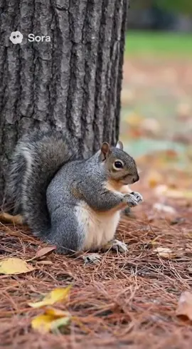 A squirrel resting by a tree is startled by an acorn nut as it falls and hits the ground. #squirrels #acorncop #sora2 #ai #funnyai 