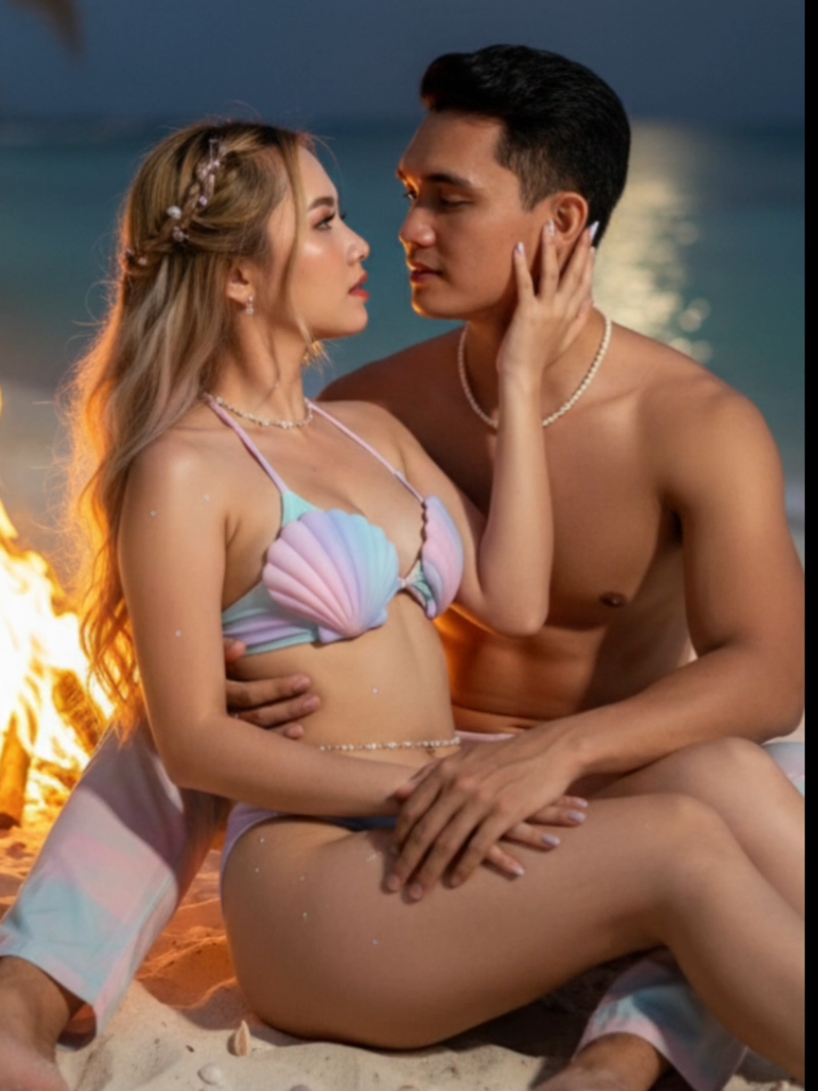 Gemini Ai prompt for Couple Bikini bonfire edition🔥🔥🔥 Prompt👇 A realistic 8K DSLR portrait of a young couple sitting closely together beside a glowing bonfire on a tropical beach at night. The warm firelight flickers across their skin, surrounded by white sand, pastel seashells, and soft reflections of the flames. Palm trees and the moonlit turquoise sea shimmer gently in the distance, creating a deeply romantic tropical atmosphere. Pose: The couple sits on the sand beside the fire. The woman sits between the man’s legs, leaning softly against his chest. One of his arms wraps protectively around her waist while his other hand gently touches her cheek. She looks up toward him with dreamy eyes, her lips parted slightly as if about to kiss. His head leans close beside hers, their faces inches apart — a tender, emotional moment glowing in firelight. Woman: Face 100% identical to the reference photo. Long wavy golden-beige hair with pink and blue highlights, styled in a loose braid decorated with small pearls, shells, and pastel clips. Soft tan, warm firelight glow on her cheeks, pastel makeup. Wearing a pastel pink-blue-purple 3D shell bikini top and matching V-cut bottom, star necklace, delicate beaded waist chain, and small pastel gems catching the light. Man: Face identical to the reference photo. Shirtless with toned tanned hunky body and defined physique. Wearing light pastel beach pants in pink-blue-beige tones and a simple shell bead necklace. His black hair glows softly with amber reflections from the fire.  Lighting: Golden bonfire light as the main source, subtle moonlight rim for soft depth and realism, cinematic warmth on their faces and skin. Camera: Canon EOS R6 Mark II + RF 24–70 mm f/2.8 L lens, close-medium shot, shallow depth of field, creamy background bokeh, ultra-photorealistic texture and tone. Style: Award-winning romantic editorial — sensual, cinematic, warm, and emotionally intimate under tropical night firelight. #gemini #geminiai #bikini  #capcut #fyp 