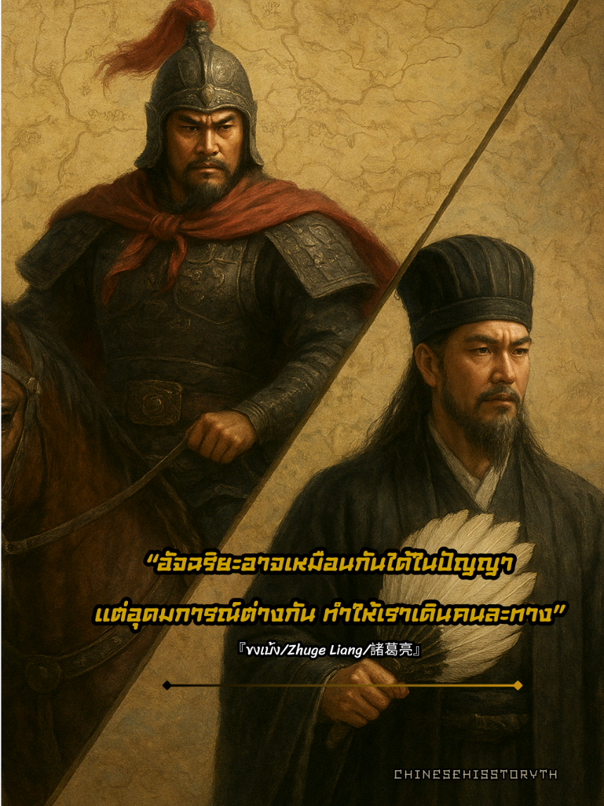 “อัจฉริยะอาจเหมือนกันได้ในปัญญา แต่อุดมการณ์ต่างกัน ทำให้เราเดินคนละทาง” • ขงเบ้งกับโจโฉ สองยอดอัจฉริยะที่ต่างก็มีมันสมองเหนือผู้คนในยุคเดียวกัน แต่หนึ่งใช้ปัญญาเพื่อรักษาธรรม อีกหนึ่งใช้ปัญญาเพื่อแสวงอำนาจ • ขงเบ้งรู้ดีว่า หากตนยอมอยู่ใต้โจโฉต่อให้ได้ตำแหน่งสูงสุดในแผ่นดิน ก็เท่ากับขายอุดมการณ์ของตนเอง เพราะสิ่งที่โจโฉต้องการไม่ใช่  “ความสงบของแผ่นดิน” แต่คือ “แผ่นดินที่สงบเพื่อตนเอง” • ดังนั้น ขงเบ้งจึงเลือกอยู่ในกระท่อมเล็ก ๆ ที่หลงจง ดีกว่ามีวังใหญ่ในวังเว่ยของผู้ไม่ยึดธรรม นี่คือจุดต่างของผู้มีปัญญา กับผู้มีอุดมการณ์ • ในยุคปัจจุบัน ก็ไม่ต่างกัน... หลายคนมีความสามารถ มีมันสมอง มีฝีมือ • แต่สุดท้ายต้องเลือก  จะใช้ปัญญาเพื่อ “ผลประโยชน์” หรือเพื่อ “ความถูกต้อง” • เพราะเมื่ออุดมการณ์ต่างกัน แม้เดินบนเส้นทางเดียวกัน ก็ไม่มีวันถึงจุดหมายเดียวกันได้ . ดังคำของเม่งจื้อ (孟子) ว่าไว้ “ผู้มีคุณธรรม ย่อมไม่ยอมก้มหัวให้ผู้ไร้ธรรมต่อให้ต้องอดอยาก ก็ไม่ขายศักดิ์ศรีแห่งใจ” • หลายคนมักถามว่า “หากขงเบ้งไปอยู่กับโจโฉ โลกอาจสงบเร็วกว่านี้หรือไม่?” . ผมตอบสั้นๆว่า “แล้วไม่เห็นซุนฮกหรือ ว่ามีจุดจบอย่างไร?” . ซุนฮก คือกุนซือผู้มีปัญญาเปี่ยมธรรม • แต่กลับไปอยู่ใต้เจ้านายที่ถืออำนาจเหนือธรรม • สุดท้าย แม้มีปัญญาเท่าฟ้า ก็ไม่อาจเปลี่ยนใจคนที่มืดบอดได้ • ขงเบ้งรู้ดีว่า การอยู่กับคนที่ไม่เห็นคุณค่าของความซื่อสัตย์ • ไม่ต่างจากการวางไข่มุกในรังงูพิษ สุดท้าย มุกย่อมถูกพิษกลืน ไม่ใช่พิษที่กลายเป็นมุก • ดังนั้นขงเบ้งจึงเลือก “อยู่เล็กแต่มีธรรม” ดีกว่า “อยู่ใหญ่แต่ไร้ศักดิ์ศรี” • เพราะคนที่ยิ่งใหญ่จริง ไม่ได้อยู่ที่ตำแหน่ง แต่อยู่ที่ สิ่งที่เขายอม และสิ่งที่เขาไม่ยอม ดังคําของเม่งจื้อกล่าวไว้ “ผู้มีธรรม แม้ยืนอยู่ท่ามกลางอำนาจ ก็ยังคงเป็นอิสระในใจตน” . #ChineseHistoryTH  #ปรัชญาสามก็ก #ปรัชญาขงเบ้ง  #คุณธรรม #อำนาจ  .