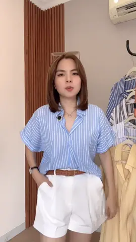 KAMARI TOP KEMEJA CASUAL - Kemeja Korean Style V - Neck  - Kemeja Cotton Stripe