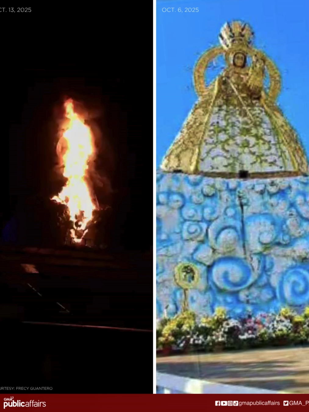 HIGANTENG IMAHEN NG OUR LADY OF THE MOST HOLY ROSARY SHRINE SA SORSOGON, NASUNOG SA GITNA NG PAGDIRIWANG NG BUWAN NG SANTO ROSARYO Nasunog nitong Lunes ng gabi, October 13, 2025, ang Most Holy Rosary Shrine sa Casiguran, Sorsogon, kasabay ng pagdiriwang ng Buwan ng Santo Rosaryo. Ayon sa uploader, bandang 9:12 PM nang mapansin ng kanyang asawa ang apoy na mabilis kumalat sa imahen. Agad namang naapula ng mga bumbero ang sunog pagsapit ng 9:20 PM. 📸: Frecy Guantero
