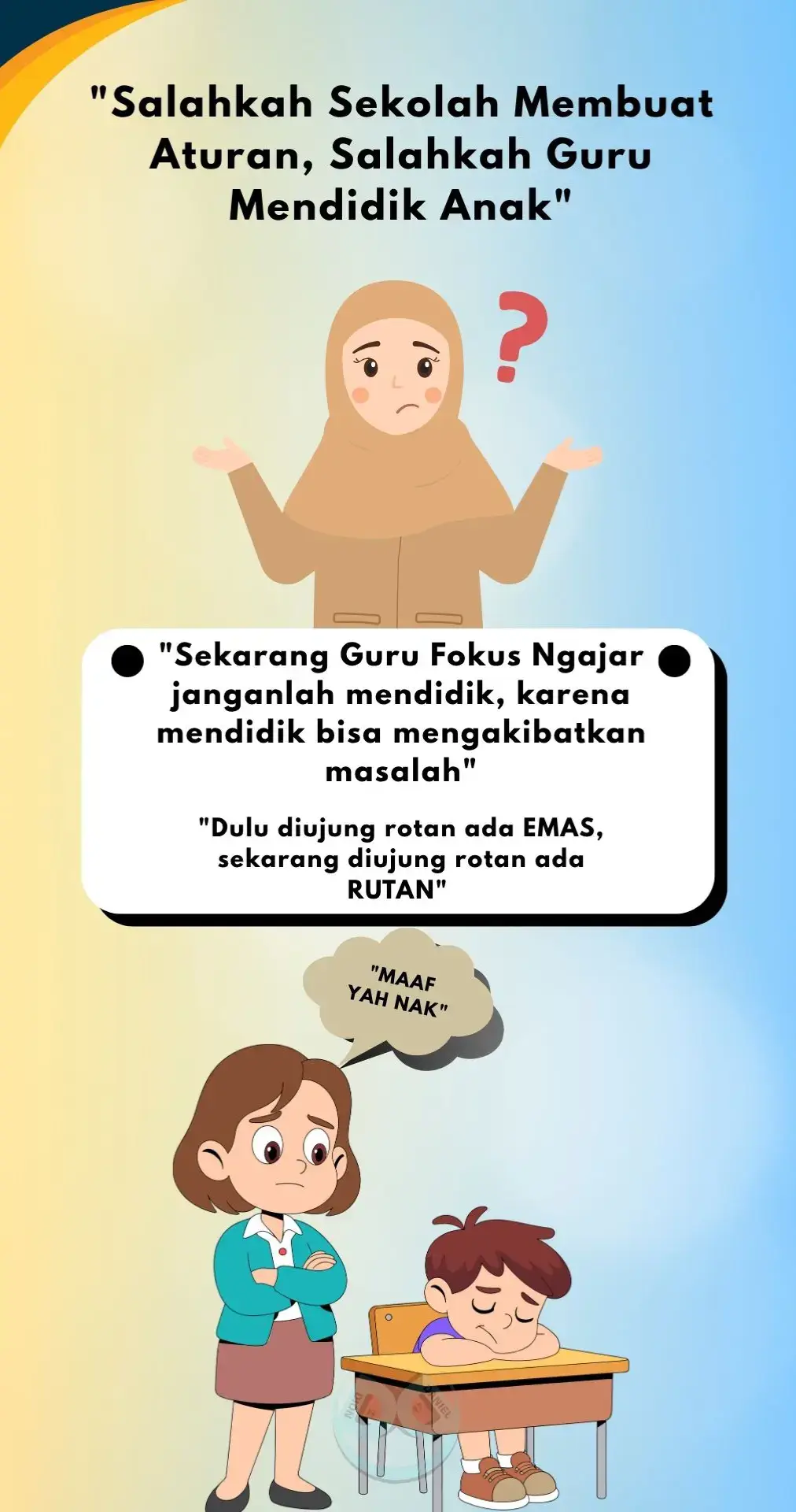 Menjadi seorang Guru bukanlah hal yang mudah yang dipikirkan orang bahwa datang, ngajar lalu pulang, sebetulnya menjadi seorang Guru harus siap dengan tantangan dalam dunia pendidikan, bukan hanya ngajar lalu pulang akan tetapi, memberikan didikan yang baik bagi setiap siswa untuk menjadi anak yang memiliki adab yang baik ketika berada di tengah masyarakat. Karakter anak akan dibentuk ketika berada di sekolah. Dulu diujung rotan ada EMAS, tapi sekarang diujung rotan ada Rumah Tahanan (RUTAN). Semangat buat Bapak/Ibu Guru diseluruh Indonesia. #saveguru #guru #indonesia #mendidikanak #fyp 