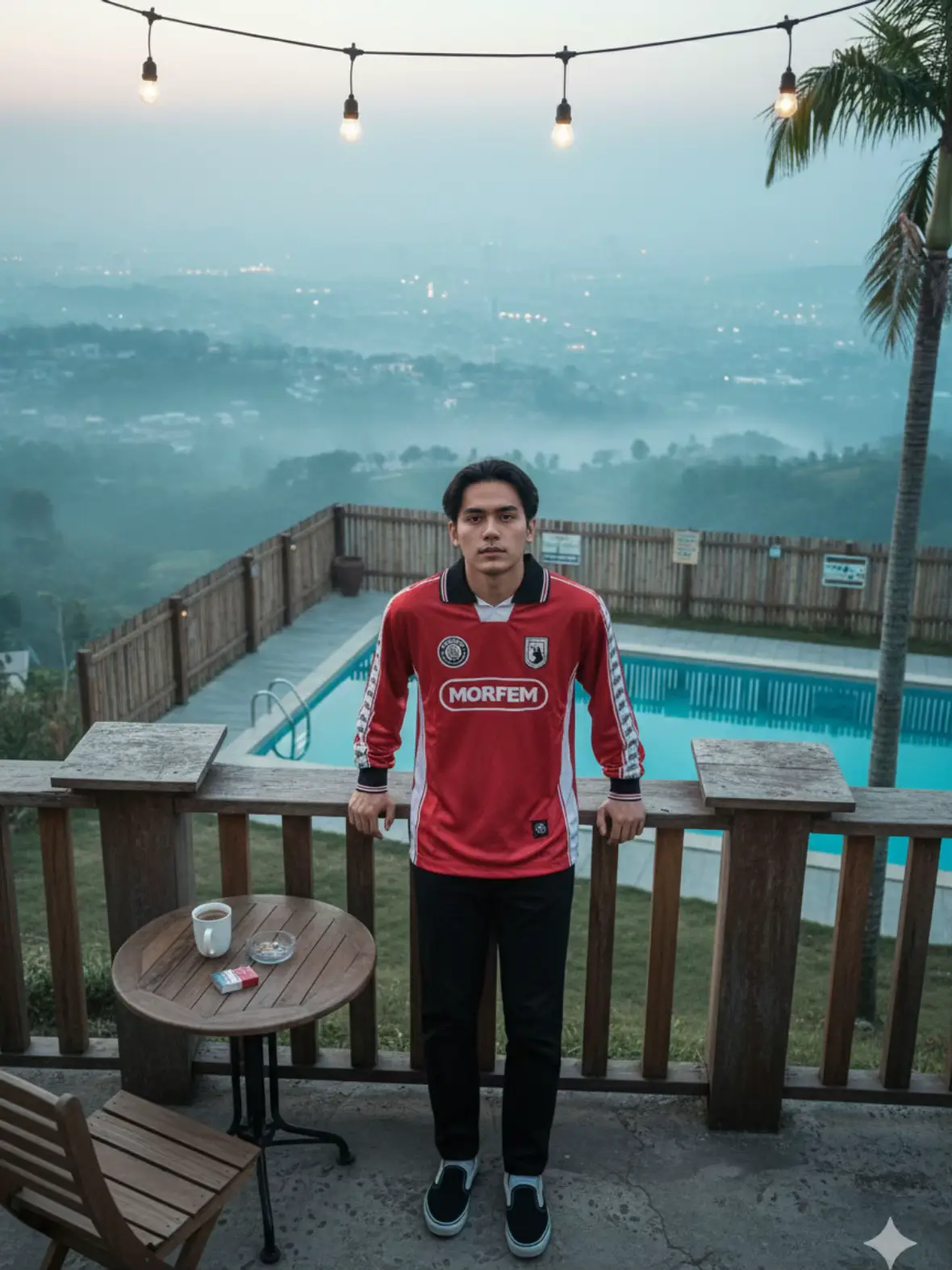 Prompt : Buatkan foto yang diambil pada sore hari dan sedikit berkabut di lokasi yang tinggi, di daerah perbukitan, menghadap ke pemandangan kota di kejauhan. Langit terlihat terang dan sedikit kabut. Pemandangan kota di kejauhan, menciptakan latar belakang yang indah dan romantis. Di sisi kanan atas, terdapat pohon palem yang sebagian batangnya terlihat. Pencahayaan dan Suasana: Suasana keseluruhan adalah sore hari yang sejuk dan tenang, namun cerah berkat pencahayaan buatan. Terdapat serangkaian lampu bohlam bergaya 