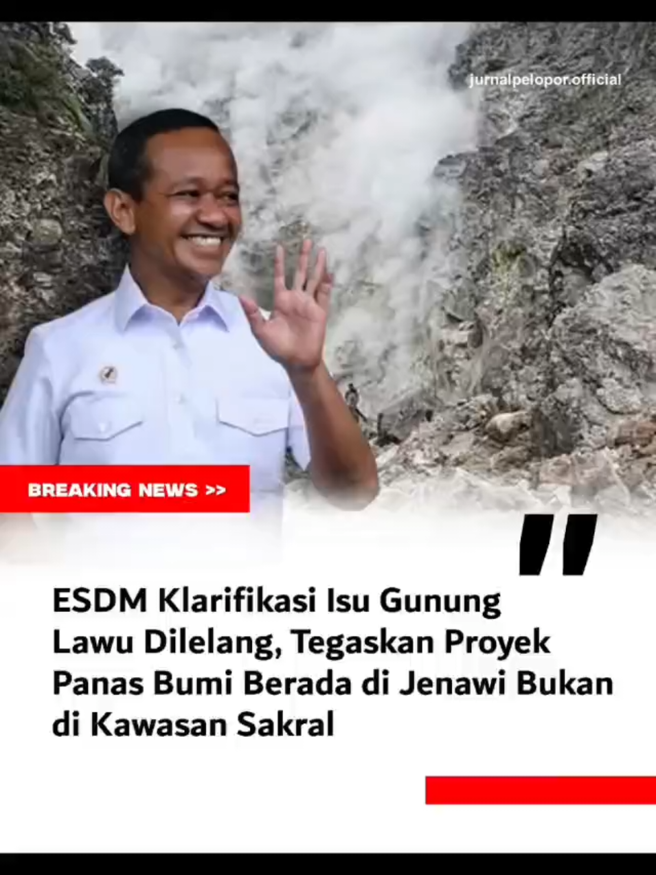 Kementerian Energi dan Sumber Daya Mineral (ESDM) akhirnya memberikan klarifikasi atas isu viralnya tentang Gunung Lawu yang disebut-sebut akan dilelang untuk proyek panas bumi. Pihak ESDM menegaskan bahwa proyek tersebut tidak berada di kawasan Gunung Lawu, melainkan di wilayah Jenawi, Kabupaten Karanganyar, Jawa Tengah. Proyek Panas Bumi Jenawi, Bukan Gunung Lawu Direktur Jenderal Energi Baru, Terbarukan, dan Konservasi Energi (EBTKE), Eniya Listiani Dewi, menjelaskan bahwa proyek yang dimaksud dalam pemberitaan viral itu adalah Proyek Jenawi, bukan proyek di kawasan inti Gunung Lawu. “Lokasi proyek berada di Kecamatan Jenawi, di bawah kawasan Gunung Lawu. Gunung Lawu sendiri tidak termasuk dalam Wilayah Kerja Panas Bumi (WKP),” ujar Eniya di Kantor Kementerian ESDM, Selasa (14/10). Menurutnya, Gunung Lawu memang sempat masuk dalam rencana pengembangan panas bumi beberapa tahun lalu. Namun, pemerintah memutuskan untuk menghapus rencana tersebut karena mempertimbangkan kearifan lokal dan nilai kesakralan kawasan Gunung Lawu. “Semua daerah yang memiliki unsur kesakralan seperti Lawu sudah kami keluarkan dari daftar WKP,” tegas Eniya. ... Baca selengkapnya di https://www.jurnalpelopor.com/ramai-isu-gunung-lawu-dilelang-esdm-langsung-klarifikasi/ Untuk informasi dan berita lainnya, kunjungi jurnalpelopor.com #esdm #gununglawu #jenawi #karanganyar #panasbumi 