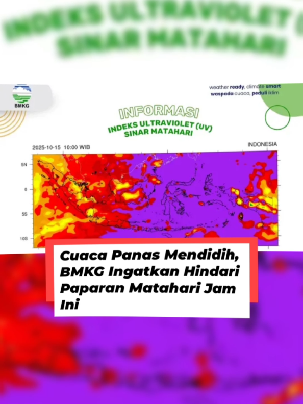 Badan Meteorologi, Klimatologi, dan Geofisika (BMKG) memprediksi, indeks sinar ultraviolet (UV) di wilayah Indonesia hari ini, Rabu (15/10/2025) akan didominasi warga ungu dan merah, terutama pada pukul 10.00-11.00 WIB. Tampak dari unggahan informasi indeks UV sinar matahari di akun Instagram resmi BMKG, indeks sinar ungu dan merah mulai muncul pukul 09.00 WIB di wilayah Timur Indonesia. Lalu semakin meluas ke wilayah Barat Indonesia. Pada pukul 10.00 WIB tampak indeks UV di pulau Sulawesi dan Kepulauan Maluku, juga NTT sampai ke Jawa berwarna ungu alias ekstrem. Sementara di Timur Indonesia dan Sumatra indeks berwarna merah, oranye, dan kuning. Indeks UV perlahan menurun mulai pukul 14.00 WIB, hingga pukul 17.00 WIB tak tampak paparan UV sinar matahari di wilayah Indonesia. Mengutip situs resmi BMKG, UV adalah radiasi elektromagnetik dengan panjang gelombang antara 100 hingga 400 nanometer (nm), lebih pendek dari cahaya tampak tetapi lebih panjang dari sinar-X. Ketinggian matahari, lintang geografis, tutupan awan, lapisan ozon, dan refleksi permukaan berdampak pada tingkat radiasi UV sinar matahari. 
