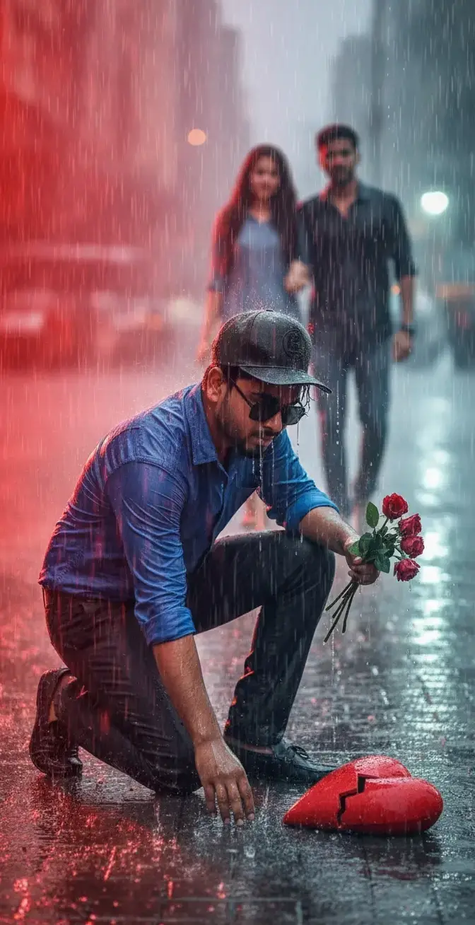 #sandeepmehara22  #Gemini_app_create  #@⚔️SANDEEP MEHARA⚔️:a highly detailed cinematic scene under pouring rain. The boy kneels on one leg in the rain, bouquet in one hand, reaching for a broken red heart on the ground. His shirt is soaked, hair dripping, eyes full of tears. Behind him, a girl walks away with another boy, fading into the rain. Half the background glows red, symbolizing heartbreak, while soft light reflects off puddles.
