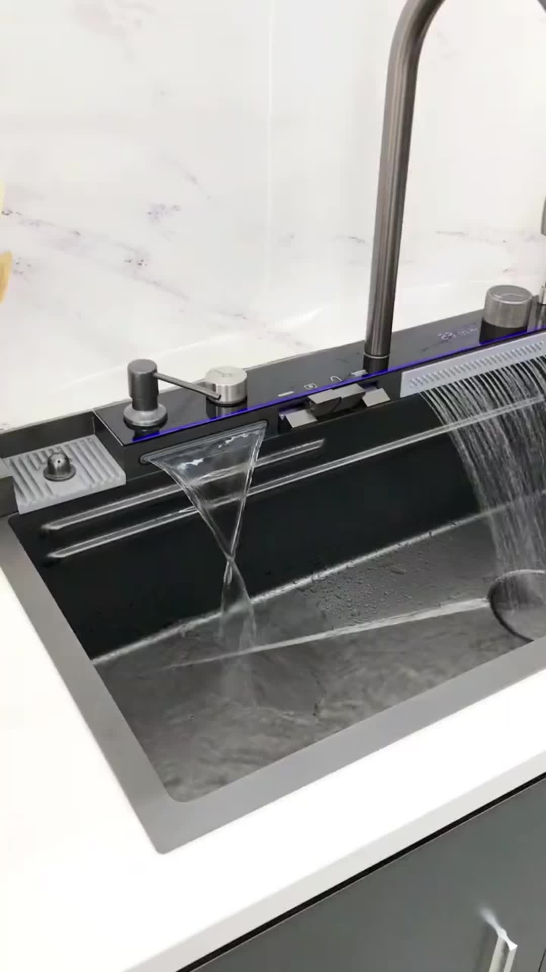 Kitchen sink stainless steel 304 waterfall integrated digital display waterfall water flow5mm thickness, tempered glass control panel, with ambient light and temperature display, double waterfall water flow faucet lavabo complete set 