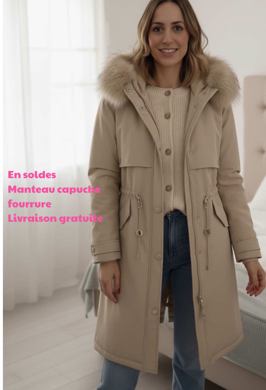 Manteau capuche fourrure ultra chic pour l’automne et l’hiver 🍂❄️ Léger, chaud, imperméable et super confortable — le manteau capuche fourrure idéal pour affronter le froid avec élégance, avec col amovible et coupe ajustée 