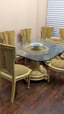 🍂 Grand Autumn Sale Upto 30% Off 🍂   ̶5̶̶5̶̶0̶̶0̶̶0̶ Now Rs 45000 6 Seater Dining Table with 1 Extra Chair  ☎️ 03111100230 🔥 Free Delivery Khi, Bahria/T & Hyd City 🔥 Elegant 6 Seater Dining Table Set with 1 Extra Chair – Deco Finish Add timeless charm to your dining space with this stunning 7-piece dining set featuring a rectangular glass top table and 7 beautifully carved deco-finish chairs. Each chair is upholstered in rich striped fabric, offering both comfort and sophistication. The double pedestal base with intricate detailing enhances its royal aesthetic — perfect for formal or everyday dining. 🔹 Material: Sheesham wood with deco finish 🔹 Seating: 6 chairs + 1 extra (total 7) 🔹 Condition: Preloved – excellent overall with minor glass damage on one edge (shown in photos) ✨ Ideal for homes, cafes, or show homes looking for statement furniture at a great value! Size: Width 95 Depth 47.5 and Height 30