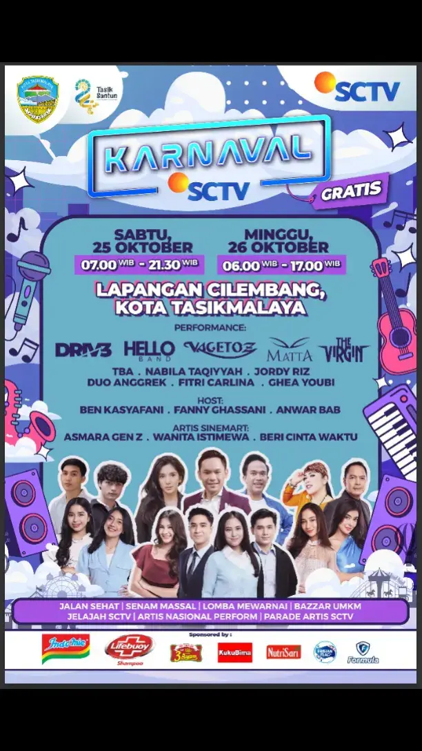 jangan lupa tanggal 25- 26 oktober 2025  Karnaval SCTV bakal tampil di kota tasikmalaya  .saat nya anak tahun 2000 an bernostalgia 🤭 #karnavalsctv #drive #helloband #mattaband  #vagetoz 