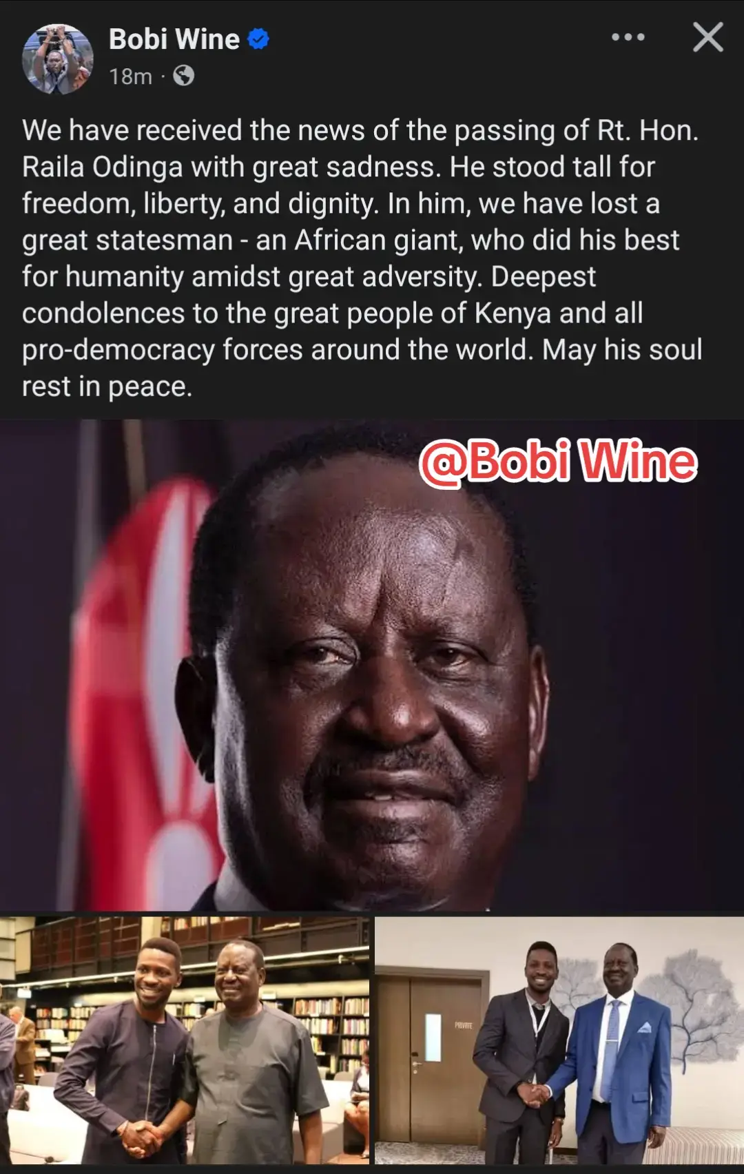 We have received the news of the passing of Rt. Hon. Raila Odinga with great sadness. He stood tall for freedom, liberty, and dignity. In him, we have lost a great statesman - an African giant, who did his best for humanity amidst great adversity. Deepest condolences to the great people of Kenya and all pro-democracy forces around the world. May his soul rest in peace.@Bobi Wine 
