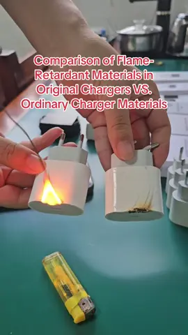 Comparison of Flame-Retardant Materials in Original Chargers VS. Ordinary Charger Materials Charger fire resistance group test. The material of the charger shell is different. #20w #charger #Original #Apple 