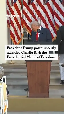 President Trump on Tuesday posthumously awarded Charlie Kirk, the conservative activist, the Presidential Medal of Freedom, bestowing the highest civilian honor in the U.S. on a political ally who was assassinated last month. Trump presented the medal to Kirk’s widow, Erika Kirk, on what would have been his 32nd birthday. He is the first person to receive the honor in Trump’s second term. #Trump #CharlieKirk