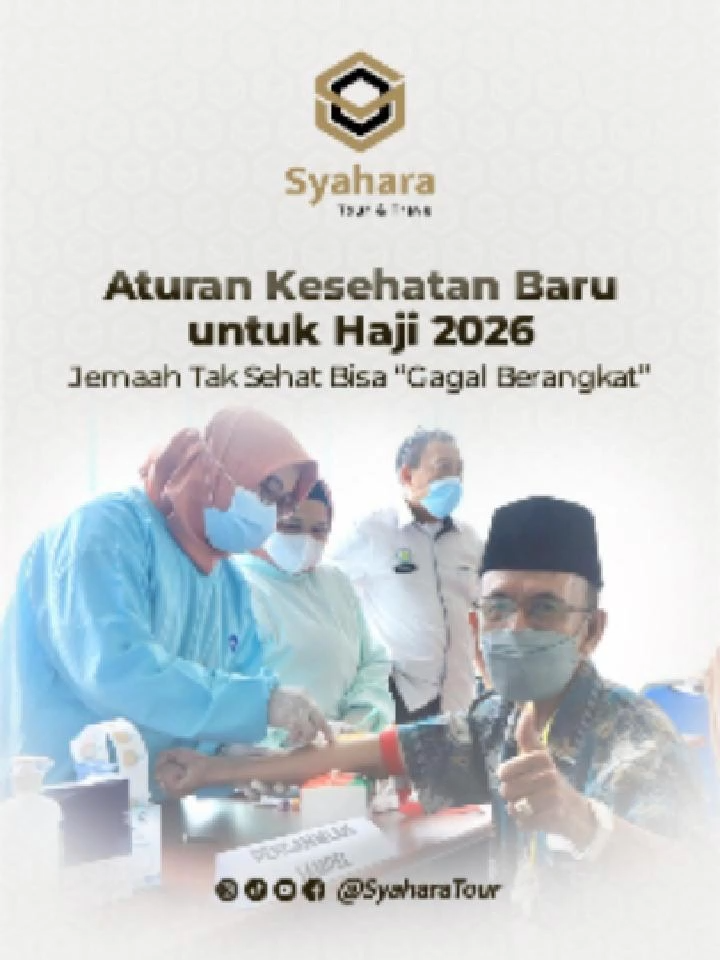 Aturan Kesehatan Baru untuk Haji 2026 Mulai tahun 2026, aturan kesehatan untuk jemaah haji akan jauh lebih ketat. Pemeriksaan medis jadi syarat wajib, bahkan diverifikasi ulang di pintu masuk Arab Saudi. Sudah siapkah fisik dan mental kita untuk jadi tamu Allah tahun depan? -------------------------------- 📲 Follow semua akun sosial media kami @syaharatour Untuk mendapatkan informasi terbaru seputar paket umroh, tips perjalanan, dan banyak lagi! -------------------------------- #TravelUmrah #TravelBogor #Haji2026 #Istithaah #IstithaahKesehatan #AturanKesehatanHaji Yang komen Aamiin 🤲 Semoga Allah mudahkan langkah kita menuju Baitullah.