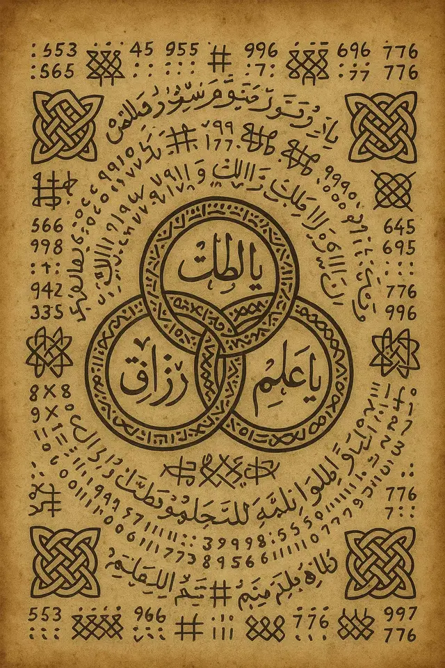 Bu tılsım, Havas ilmi geleneğinde “rızkın genişlemesi, bilginin artması ve kudretin korunması” niyetiyle hazırlanmıştır. Ortadaki üç birleşik halka, “Ya Rezzâk” (rızık veren), “Ya Âlim” (her şeyi bilen) ve “Ya Mâlik” (her şeyin sahibi) isimlerinin bir araya gelişini temsil eder. Bu üç isim, ilahi düzende insanın hem maddi hem de manevi denge içinde olmasını simgeler. Dış halkadaki rakamlar ve harf dizilimleri, Ebced hesabına göre uyumlu titreşimler taşır; kişinin geçim kapılarının açılması, bilgisinin artması ve iradesinin güçlenmesi için enerji akışı sağlar. Kenarlardaki düğüm motifleri ise “koruyucu bağ” anlamına gelir ve dış etkenlere karşı bir zırh vazifesi görür. Bu tılsım kişiye özel hazırlanmıştır. Bereket, bilgi ve güç niyetleriyle çıktı alınıp taşınır veya evin bereket alanına asılır.  #niyet #tılsım #nazar #dua #havas 