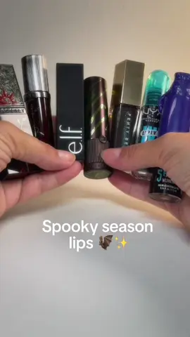 Spooky Season Lippies! 🖤 Best time to use all those weird lipglosses and lipsticks you were keeping in your drawer for a  〰️special〰️ ocasion  🦇 @GIRLCULT Cosmetics  @nyxcosmetics de  @e.l.f. Cosmetics  @Fenty Beauty  🦇 #viralmakeup #trendingmakeup #lipgloss #lipstick #halloweenmakeup 