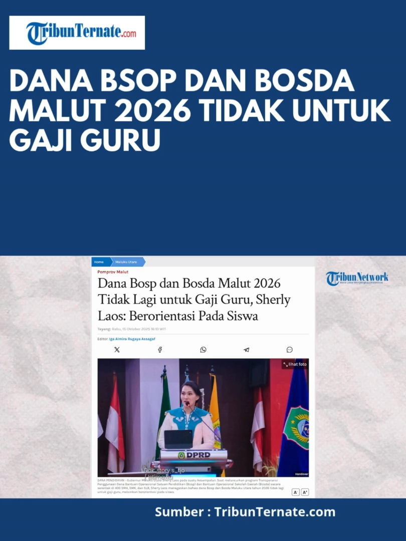 Penggunaan dana Bosp dan Bosda kini tidak lagi diperuntukkan untuk gaji guru ASN maupun PPPK di Maluku Utara, melainkan berorientasi pada siswa. Hal ini dikatakan Gubernur Maluku Utara Sherly Laos saat meluncurkan program Transparansi Penggunaan Dana Bantuan Operasional Satuan Pendidikan (Bosp) dan Bantuan Operasional Sekolah Daerah (Bosda) secara serentak di 400 SMA, SMK, dan SLB. Program ini diluncurkan Sherly Laos dipusatkan di SMAN 1 Kota Ternate dan SMAN 10 Kota Ternate, Rabu (15/10/2025). Mengenai penggunaannya, Sherly Laos menjelaskan, dana Bosp tahun 2026 akan berorientasi pada kebutuhan dan aspirasi siswa.  #pendidikan #gubernur #sherlylaos #malukuutara #sarbinsehe #pemprov #prabowo #president #sarbinsehe #sherlysarbin #sherlytjoanda #politik #sofifi #bosp #bosda #pppk