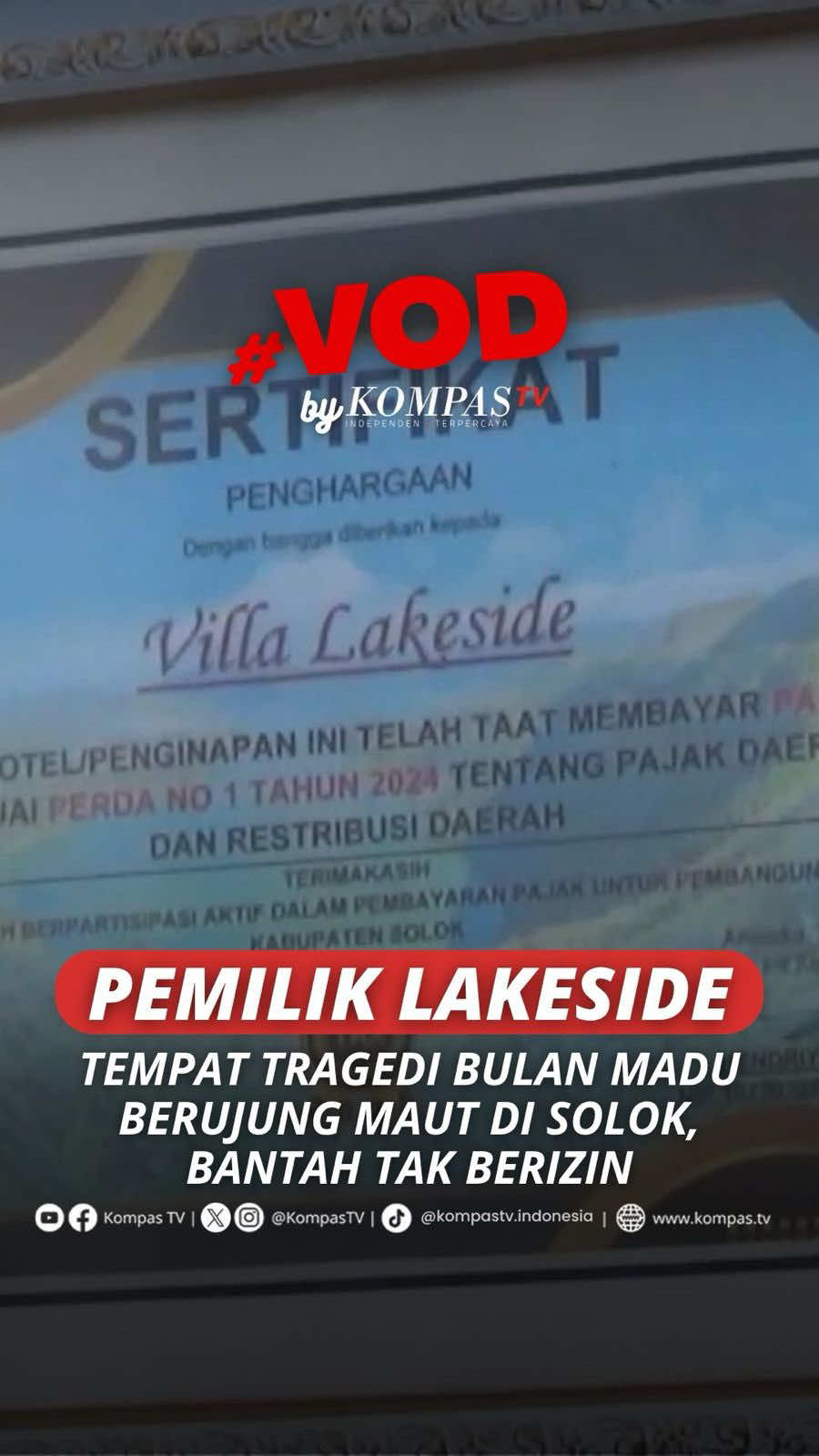 Pemilik Lakeside, tampat tragedi bulan madu berujung maut di Solok, membantah tempat wisatanya tidak berizin. Pemilik membuktikannya dengan bukti bayar pajak dan sertifikat penghargaan taat pajak yang didapat dari Pemerintah Kabupaten Solok, Provinsi Sumatera Barat. Pemilik Lakeside menyatakan akan kpoperatif dan menyerahkan sepenuhnya jalannya proses hukum pada pihak kepolisian. Diberitakan sebelumnya, sepasang suami istri yang tengah berbulan madu diduga mengalami keracunan gas karbon monoksida dari pemanas air di kamar mandi glamping Lakeside di kawasan wisata danau, Kabupaten Solok, Provinsi Sumatera Barat. Akibat kejadian ini, sang istri meninggal dunia dan sang suami menjalani perawatan intensif di rumah sakit. Tuliskan komentarmu dan dapatkan berita terkini lainnya di www.kompas.tv serta youtube.com/kompastv #VODKompasTV