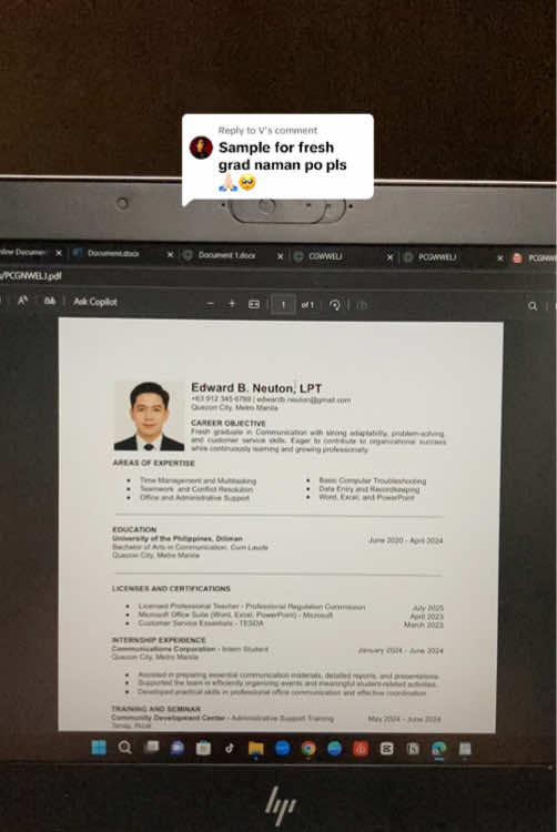 Replying to @V  Maraming fresh grads ang hirap magsimula dahil wala pang work experience pero don’t worry! Pwede ka pa ring gumawa ng standout resume basta alam mo kung paano ipakita ang skills at potential mo. Sa DocuBoost Resumes, tinutulungan namin ang mga jobseekers (lalo na ang mga fresh grads) na gumawa ng professional at employer-ready resumes #freshgraduate  #resumetips #jobseekersph #careerstart #docuboostresumes 