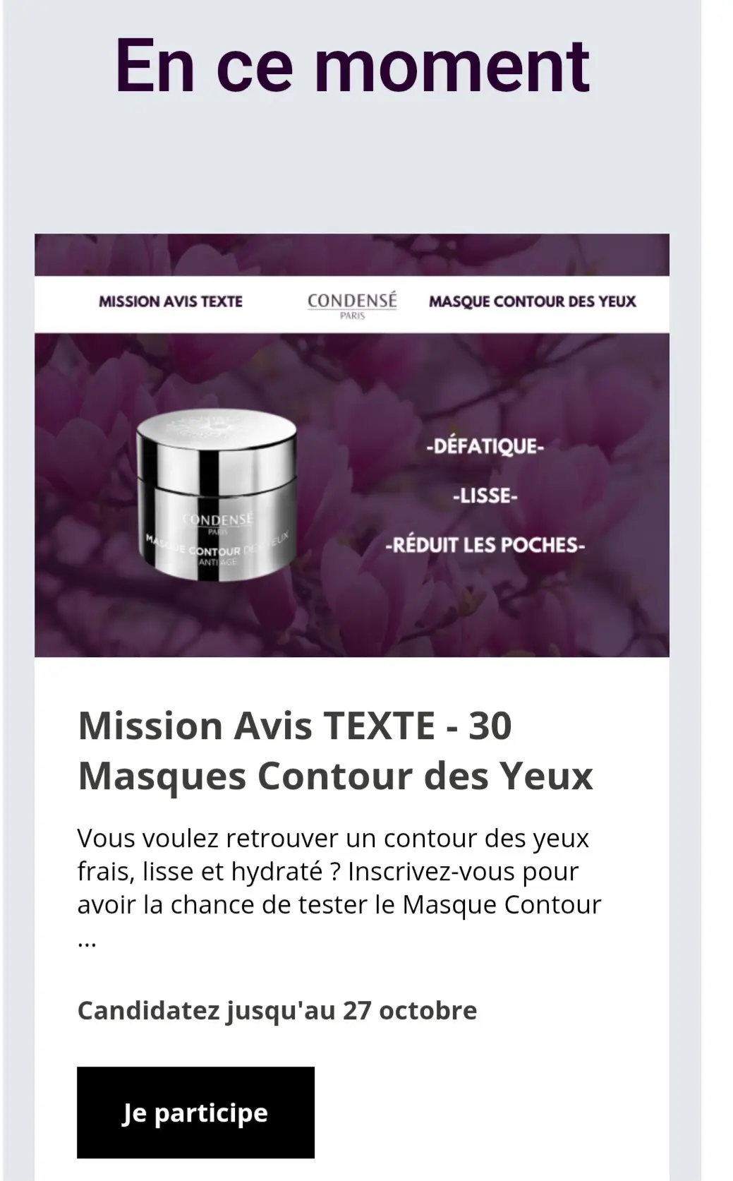 Hello nouveau test chez @condenseparis venez vite voir et participer pour avoir la chance d'être sélectionné. voici le lien et le code parrainage  https://www.condense-paris.com/fr/cosmetique-naturel/programme-ambassadeur-23 code parrainage 18A5A30A8E26 bonne chance a tous #condenseparis #beautebeaute #contourdesyeux #testeusedeproduit #test 