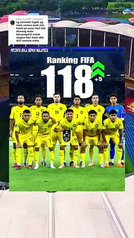 Replying to @COBY Kedudukan ranking tidak rasmi skuad Harimau Malaya ketika ini. Malaysia mendaki lima anak tangga dari kedudukan 123 ke 118 dunia. Naik 18 je lagi dapat capai target top 100 dunia😍