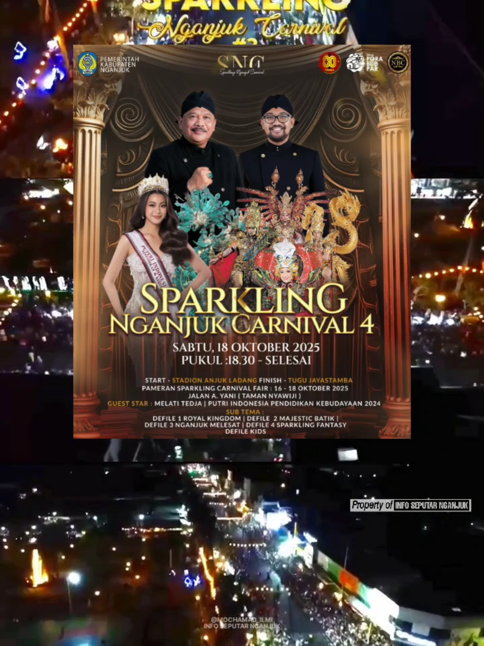 🌟 Sparkling Nganjuk Carnival 4 hadir kembali dengan tajuk “Sila Alugara – Melesat Meraih Kedudukan Tinggi dan Beradab” 🎭✨ 🚀 Saksikan GRAND CARNIVAL dengan kreativitas kostum, atraksi budaya, dan pertunjukan spektakuler di panggung karnaval termegah Kabupaten Nganjuk! 📅 Sabtu, 18 Oktober 2025 🕣 Pukul 18.30 WIB – selesai 📍 Start: Stadion Anjuk Ladang ➡️ Finish: Tugu Jayastamba 🌟 Bintang Tamu Spesial: Melati Tedja – Putri Indonesia Pendidikan & Kebudayaan 2024 🎉 Parade akbar dengan 5 defile memukau: 👶 Defile Kids – kostum anak TK & SD 👑 Royal Kingdom – raja, ratu, pangeran & putri kerajaan masa lalu 🌀 Majestic Batik – pesona batik Nusantara nan megah 🌾🌊 Nganjuk Melesat – gambaran potensi & kejayaan Nganjuk 💡✨ Sparkling Fantasy – kostum gemerlap penuh cahaya 🔥 Jangan lewatkan juga: ✨ Sparkling Nganjuk Carnival Fair 📅 16–18 Oktober 2025 📍 Jl. A. Yani (Depan Taman Nyawiji), Nganjuk 🍴 Kuliner – 🎠 Permainan Rakyat – 🛍️ Produk Ekonomi Kreatif unggulan! 📢 Ajak keluarga, teman, dan orang tercinta! 📸 Siapkan kamera, kenakan outfit terbaikmu, dan jadi bagian dari kemeriahan Sparkling Nganjuk Carnival 4 tahun ini! #SparklingNganjukCarnival4 #infoseputarnganjuk #nganjuk24jam 