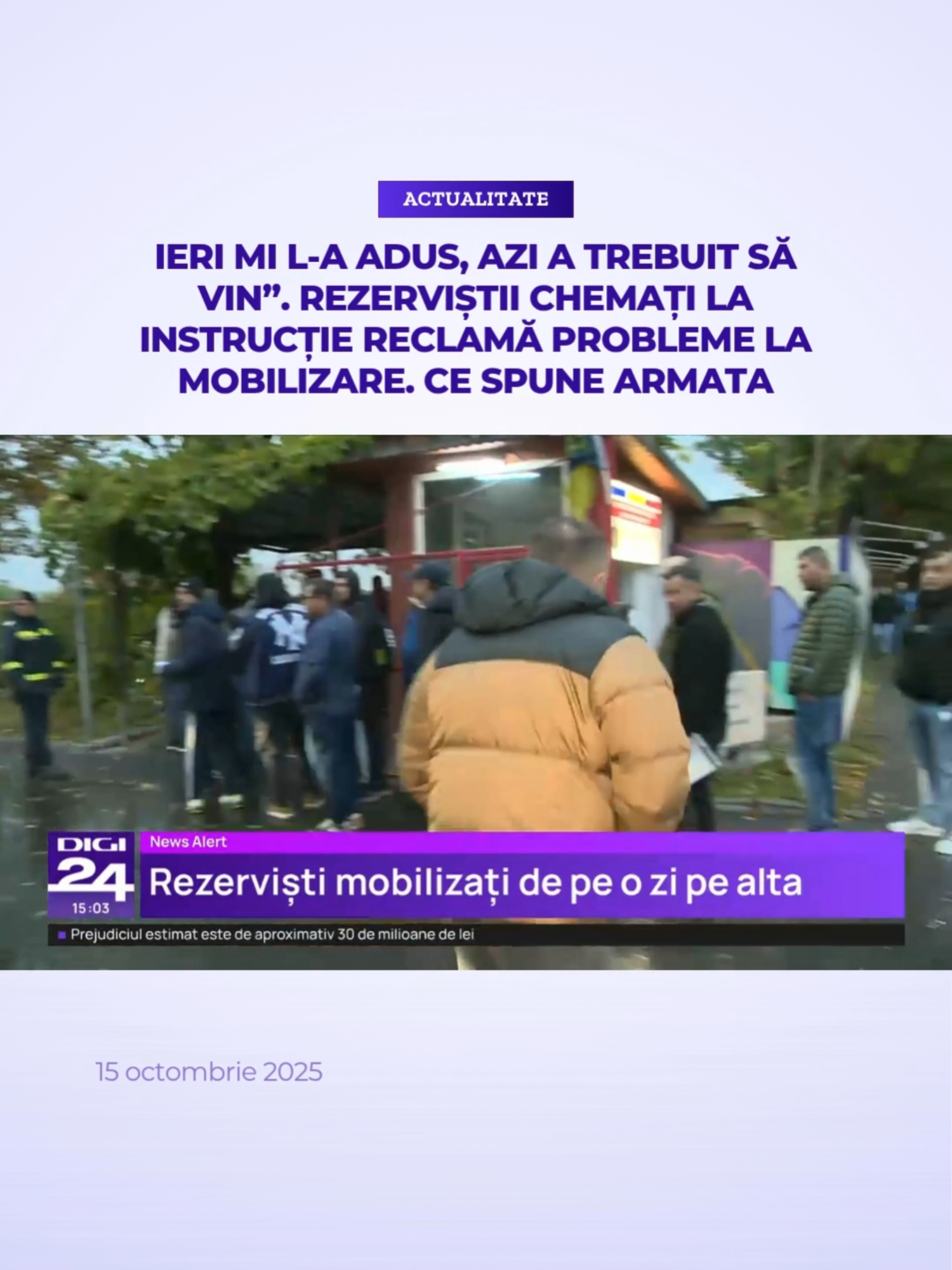 Rezerviştii convocați pentru a participa la activităţi specifice de pregătire, în cadrul exerciţiului de mobilizare MOBEX B-IF-25, au semnalat probleme în modul în care au fost chemați la unităţile militare. Reprezentanţii Armatei recunosc că acestea există, însă susţin că exerciţiile au tocmai scopul de a identifica şi remedia deficienţele care apar pe parcurs.  #digi24 #stiriledigi24 #rezervisti #armata