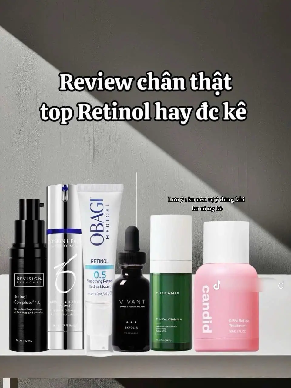 Retinol là hoạt chất vàng trong làng trẻ hóa, nhưng không phải loại nào cũng hợp với mọi làn da. Dưới đây là top 5 retinol đang được nhắc tên nhiều nhất và cảm nhận thực tế sau khi dùng 👇 ⸻ 💙 Retinol Obagi (Mỹ) Một trong những “gương mặt lâu năm” trong thế giới retinol. 	•	Chất kem đặc, dễ tán, hiệu quả trẻ hóa – làm sáng da khá rõ sau 3 tuần. 	•	Tuy nhiên, da dễ sạm nhẹ 1–2 tuần đầu, cần phục hồi kỹ. 	•	Phiên bản mới của hãng đã giảm kích ứng hơn trước. 👉 Phù hợp: Da khỏe, da thường – khô nhẹ, không nên dùng cho da đang mụn. 💚 Retinol Theramid (Tây Ban Nha) Được mệnh danh là “retinol êm nhất hệ mặt trời” nhờ công nghệ Nichosome bọc vi nang, giúp thẩm thấu sâu mà ít gây kích ứng. 	•	Da dùng sau 2–3 tuần thấy glow, mềm, đều màu rõ rệt, không bong tróc. 	•	Vừa trẻ hóa, vừa hỗ trợ trị mụn nhẹ. 👉 Phù hợp: Da nhạy cảm, da khô hoặc da mới tập dùng retinol. 🖤 Retinol Vivant Exfol-A (Mỹ) Dòng này thiên về điều trị mụn ẩn – mụn viêm, công thức mạnh, thấm nhanh như nước. 	•	Da khỏe thì mê, nhưng da yếu dễ kích ứng. 	•	Sau vài tuần, da sạch mụn và sáng đều rõ rệt. 👉 Phù hợp: Da dầu khỏe, da mụn lâu năm. 🔵 Retinol ZO Skin Health (Mỹ) Thuộc phân khúc cao cấp và cực mạnh – không dành cho người mới. 	•	Hiệu quả cải thiện nếp nhăn, lỗ chân lông, độ căng bóng cực rõ. 	•	Nhưng tuần đầu dễ purge – sạm da nhẹ, cần phục hồi cẩn thận. 👉 Phù hợp: Da khỏe, đã quen với retinol. 🖤 Retinol Revision (Mỹ) “Ngôi sao sáng” trong giới chống lão hóa – vừa mạnh vừa êm. 	•	Có 3 nồng độ (0.25 – 0.5 – 1.0), bản 1.0 cải thiện rõ da sáng – thâm mờ nhanh – kết cấu mịn. 	•	Không gây sạm, chất thấm ráo, dễ chịu. 👉 Phù hợp: Da thường, hỗn hợp, da cần chống lão hóa mạnh. ✨ Retinol không đáng sợ – chỉ sợ chọn sai ✨ #review #skincare #retinol #chamsocda #revision 