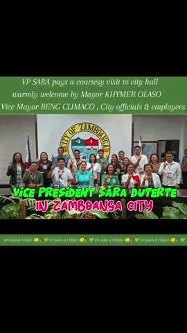 VP SARA EXPRESSES SOLIDARITY WITH ZAMBOANGUEÑOS| Vice President @inday.saraduterte  pays a courtesy visit to City Hall Wednesday noon, October 15, where she is warmly welcomed by Mayor Khymer Olaso, Vice Mayor Beng Climaco, city officials and employees.  The Vice President proceeded to the Office of the City Mayor, signed the guest book and wrote a message of support and goodwill for the people of Zamboanga City.  Duterte proceeded to the City Hall conference room where she met with city councilors, barangay captains and other local leaders who expressed their appreciation for her continuing support to the city's programs and initiatives.  Earlier in the day, Vice President Duterte led the 