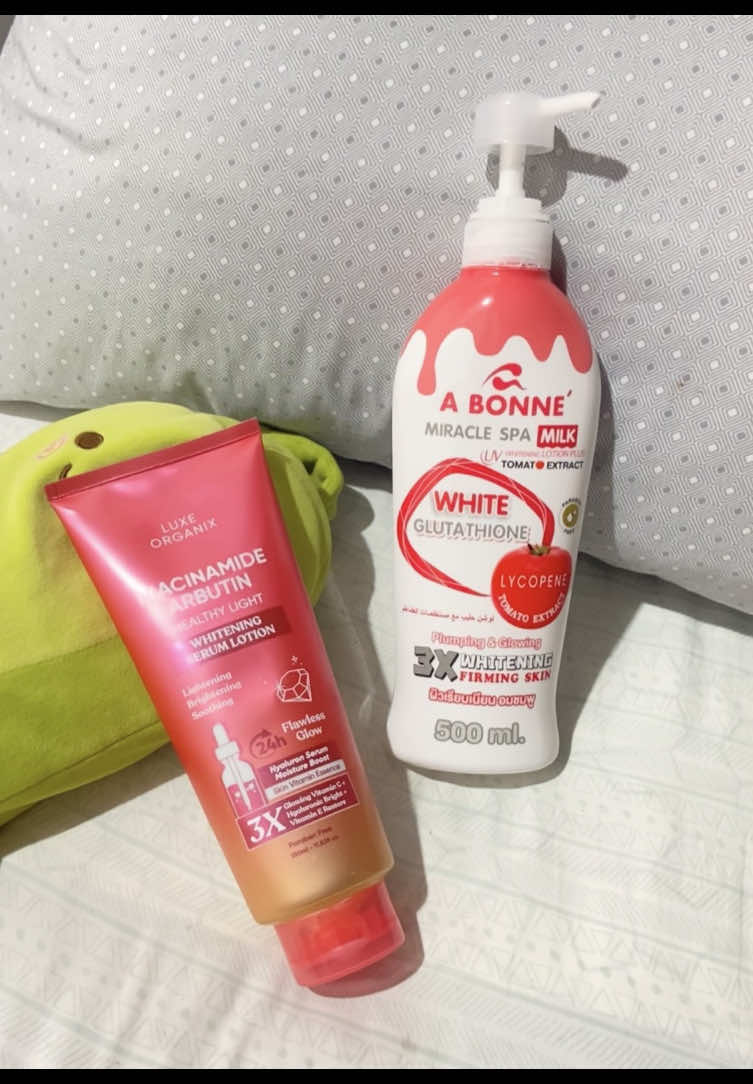 LUXE ORGANIX + A BONNE IS A PERFECT COMBINATION 😩😍 napaputi niya talaga yung stubborn skin ko 🙂‍↕️😩 #luxeorganix #abonne #whiteninglotion 