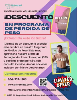 Listo para un cambio? El mejor momento para comenzar tu programa de p rdida de peso es HOY! Nos complace anunciar que nuestra oferta exclusiva de octubre se ha EXTENDIDO! Este mes, da un paso adelante hacia tus objetivos de salud con nuestro incre ble *descuento especial*: Inyecciones de semaglutida por solo $399 P ldoras orales por solo $80! Ambas opciones incluyen un suministro para un mes y una consulta personalizada para comenzar tu camino. No dejes pasar esta fant stica oportunidad! Tu salud es nuestra prioridad en Universal Family Wellness Care Center. Cont ctanos ahora para programar tu cita! Hagamos realidad tus objetivos de salud! #ViajeDeP rdidaDePeso #ObjetivosDeSalud #BienestarFamiliarUniversal DISCLAIMER: I hereby declare that I do not own the rights to this image/music. All rights belong to the owner. No Copyright Infringement Intended. 2025