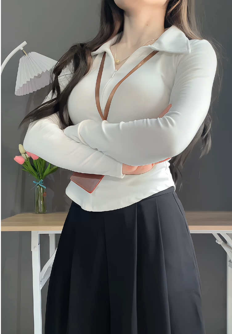 Áo thun dài tay cổ bẻ phối khoá kéo #aothunnu #aothunxinh #aoombody #thoitrangnu 