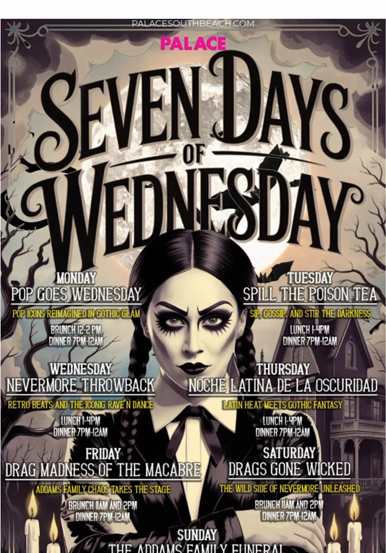 Unleash a week of dark glamour at Nevermore Academy. Spill the tea, dance into the night, and witness drag madness. Your gothic fantasy begins now. Reserve your dinner and brunch experience today. 🔗 in bio- #fyp #viral #dragqueens #halloween #party 