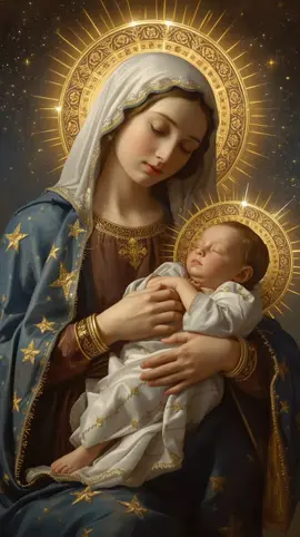 The Virgin Mary holding the Child — a vision of divine love and celestial peace. Let this sacred light remind you that even in the darkest night, the stars still shine. 🌌💫 Follow for more moments of faith, beauty, and heavenly art. #DivineLight #VirginMary #HeavenlyArt #SpiritualBeauty #wallpaper 