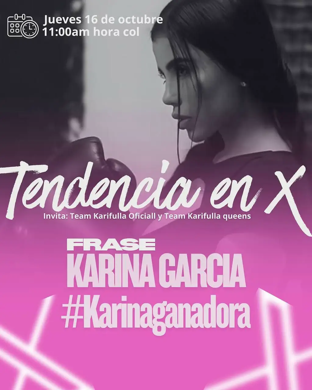 💥 ¡Se acerca el gran dia y nuestra Reina va con todo! Este sábado 18 de octubre, @Karina García sube al ring en Stream Fighters 🥊 Mañana a las 11:00 a.m. (Hora Colombia) iniciamos la tendencia en X para apoyar a nuestra campeona.  📲Comparte, comenta y repostea usando la frase y el hashtag: KARINA GARCIA  #Karinaganadora   Hagamos que su nombre llegue a lo más alto y que todo el mundo sepa quién reinará en el ring 💥