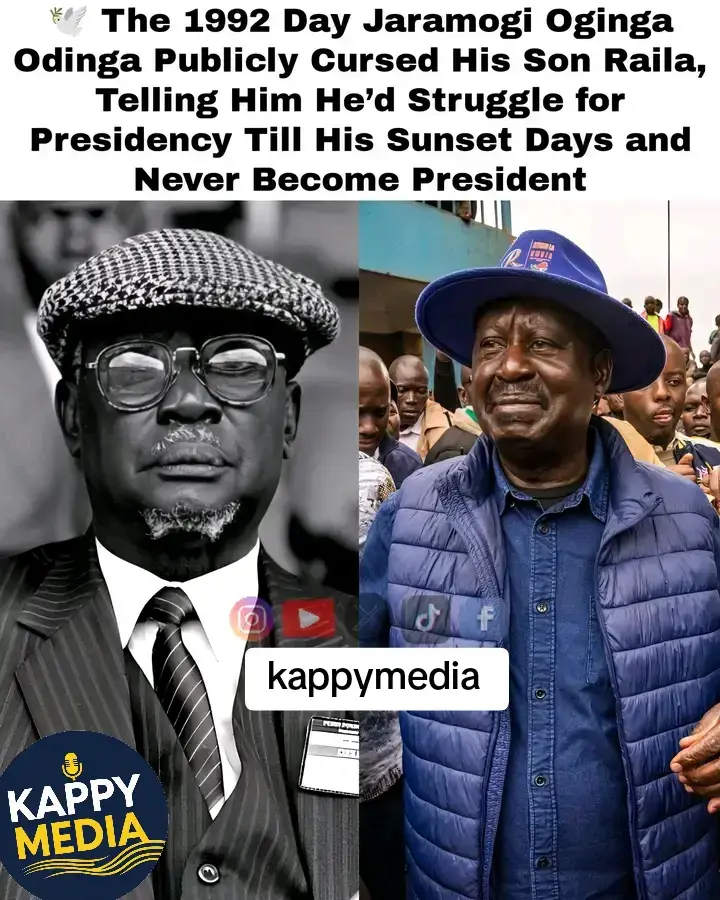 It was during the dramatic 1992 Ford Kenya National Delegates Conference at City Stadium when Jaramogi Oginga Odinga, Kenya’s first Vice President, clashed publicly with his son Raila Odinga. Raila had stormed the event with a group of rowdy youths, disrupting his father’s speech and turning the meeting into chaos. Witnesses say Jaramogi, visibly angered, confronted his son before delegates, warning him in words that would later echo through history. > “My son Amollo, I started this struggle since independence, long before you were born. I have fought Kenyatta and Moi but never succeeded. If your intention is to sink me down for a takeover, you too will struggle until your sunset days trying to be president — and you will never be.” That fiery moment has since been remembered as the day Jaramogi “cursed” Raila, and many still connect his repeated failed presidential bids to that emotional confrontation between father and son. #HistoryNow  #smusdocumentaries R.I.P AGWAMBO !!#RN3 #viral #