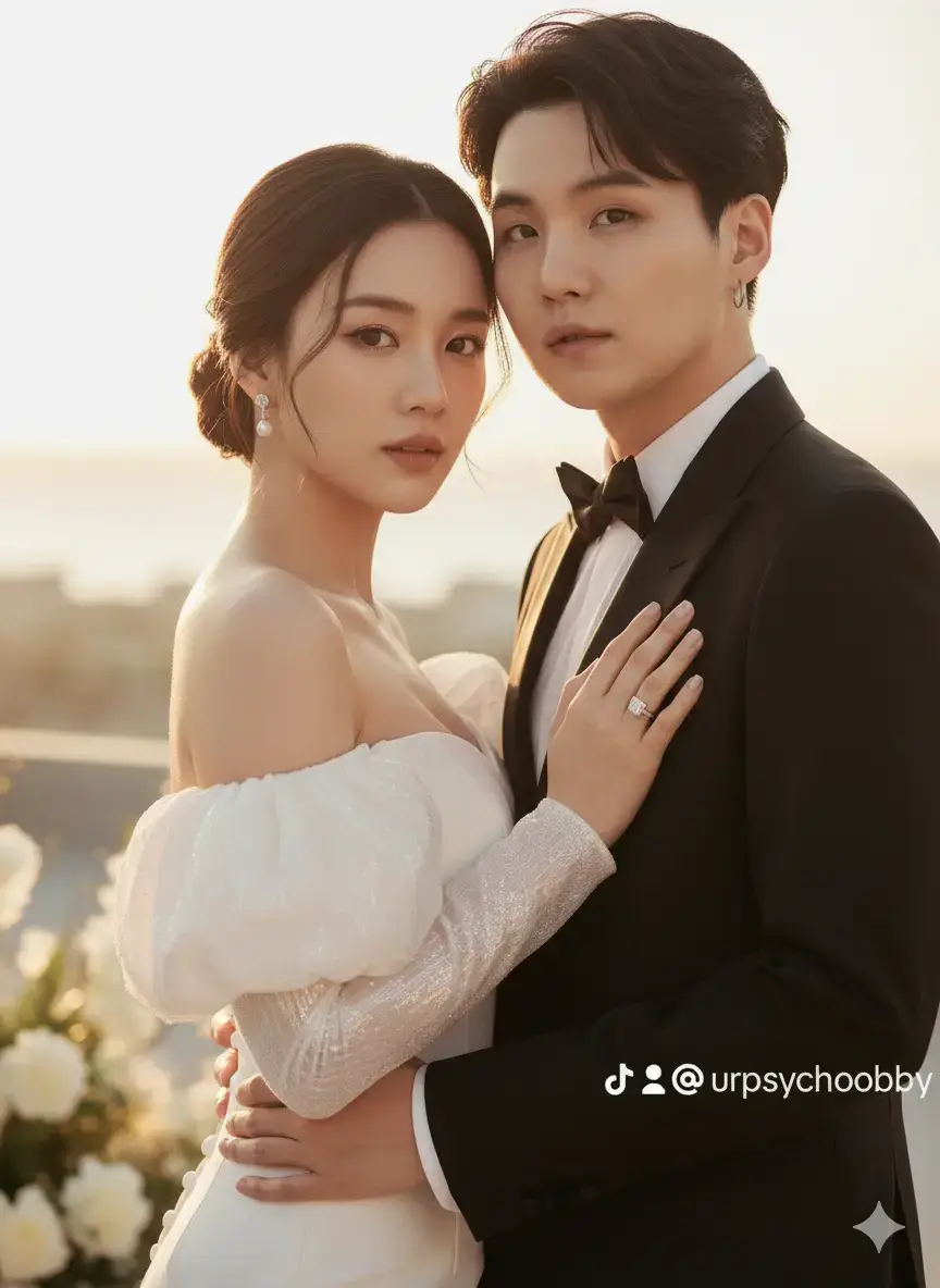 prompt : Dengan tidak merubah wajah, Edit dua foto ini dan gunakan sebagai referensi dan buat potret pasangan yang close-up dan bergaya, kemungkinan foto pra-pernikahan atau pertunangan. Getaran keseluruhan adalah chic, modern, dan sinematik. Pasangan dan Pose Wanita itu berada di latar depan dan tengah, menatap langsung ke kamera Kepalanya sedikit miring. Dia berpose sangat dekat dengan pria itu, dengan tangan kirinya dengan lembut bertumpu pada dadanya. Pria itu berada di belakangnya dan sedikit ke kanan, terlihat di luar kamera. Posenya intim, dengan tubuh mereka menempel untuk menciptakan perasaan kedekatan dan komposisi visual yang kuat. Pakaian dan Aksesoris * Wanita: Dia mengenakan gaun putih fit body dengan bahu terbuka dan lengan balon yg indah gemerlap . Dia juga mengenakan anting-anting klip mutiara kecil dan cincin pertunangan berpotongan Radiant. * Pria: Dia mengenakan tuksedo atau jas hitam klasik dengan kemeja putih bersih dan dasi kupu-kupu hitam.  Make up dan Rambut * Wanita:  jangan ubah wajah aslinya , Rambutnya ditata ke atas, disanggul indah, dengan beberapa helai rambut membingkai wajahnya. Dan kain tile putih di atas kepalanya * Pria: Rambutnya ditata rapi dengan potongan kontemporer. Latar Belakang dan Tempat Latar belakangnya kabur lembut (efek bokeh) dan terlalu terang, menunjukkan lokasi luar ruangan, mungkin pantai, atap, atau lapangan terbuka selama hari yang cerah, atau sengaja diterangi studio untuk meniru tampilan itu. Ada area lembut berwarna terang yang terlihat seperti suar cahaya atau objek terang yang tidak fokus, mungkin bunga atau dekorasi putih, yang meningkatkan kualitas romantis yang melamun. Filter dan Perbatasan * Filter / Editing: Foto memiliki filter warna yang hangat, cerah, dan sedikit desaturasi. Kualitas gambar sangat tinggi, dengan ke dalaman bidang yang dangkal untuk membuat pasangan muncul dengan latar belakang yang lembut. Pencahayaan golden hour yg hangat #prompt #gemini #fyp #btsarmy 💜💟