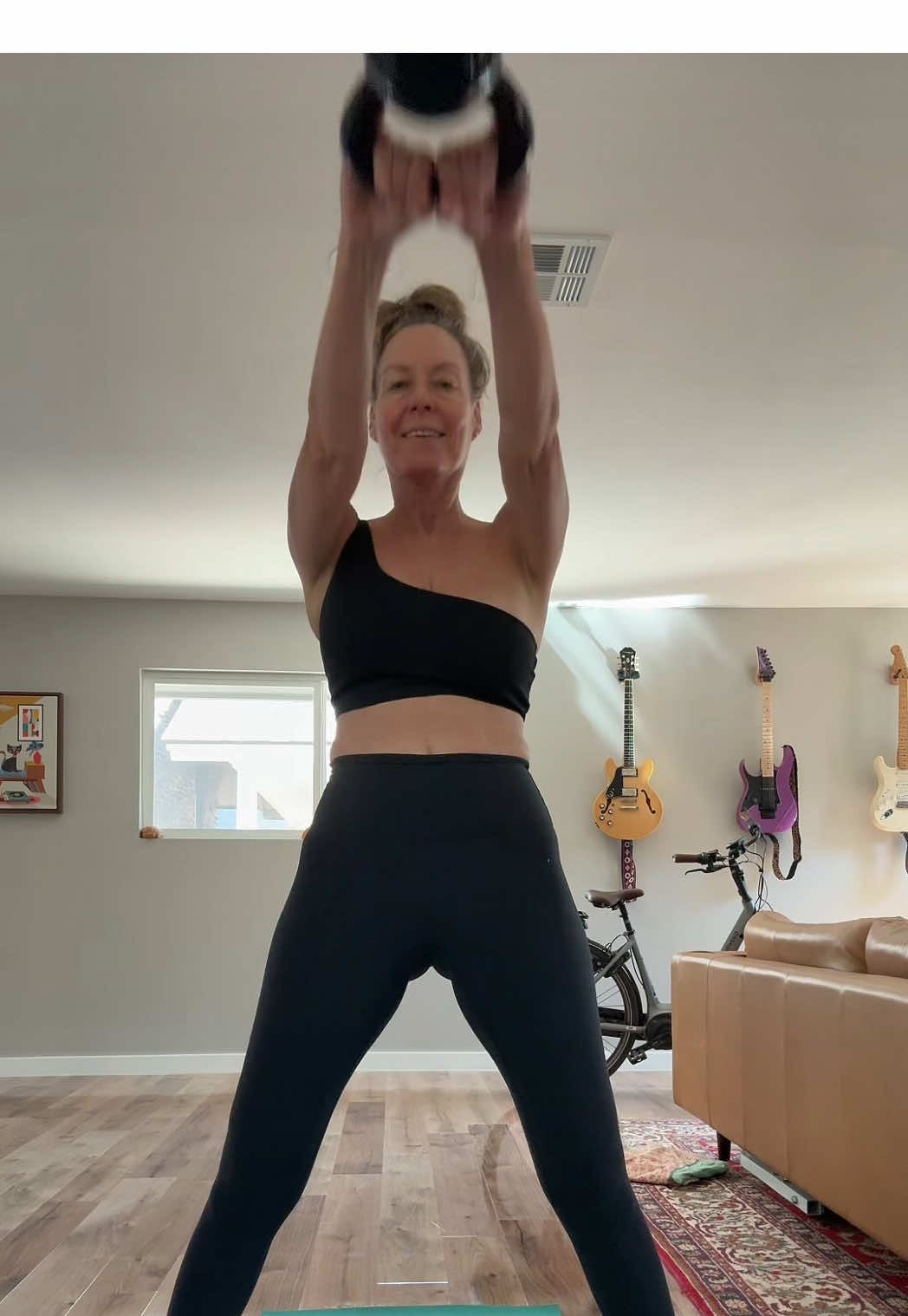 Kettlebell swing, dreading it but doing it anyway. #fitover50 #genx #maturewomen #leggings #slim 