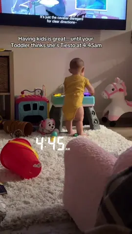 Love being a mom—especially when the club opens at 4:45 a.m. in my living room. #funny #fyp #toddler #dj #wakeupcall 
