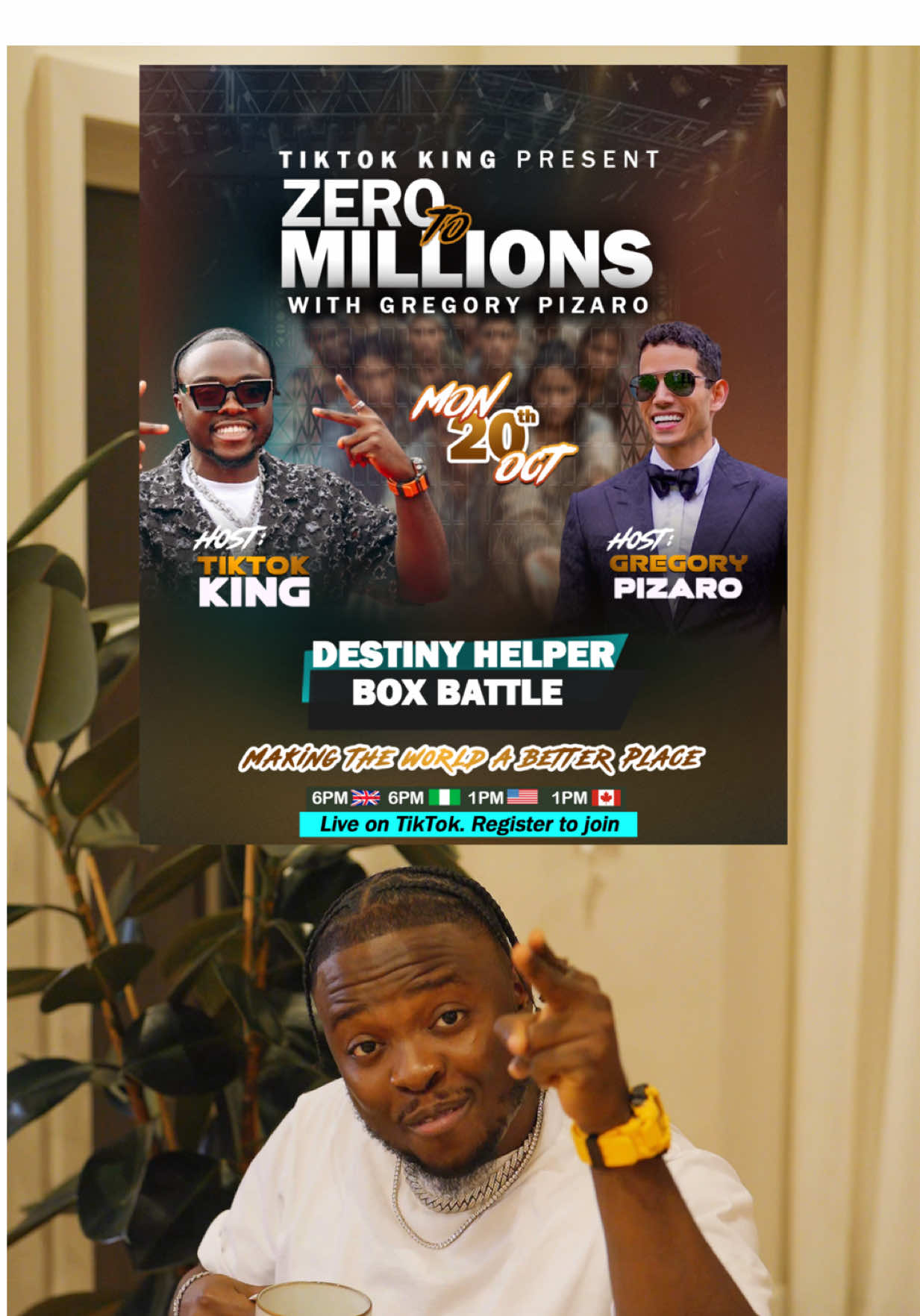 ⚠️DONT MISS THIS ⚠️ Me and my biggest supporter @Gregory Pizarro Jr. 💜🚀 will be hosting box battle together.  We will bring random strangers worldwide 🌎 to the box battle and they will be blessed with gifts 🦁🎁 The essence of this is to help those in need and make the world a better place.  SEE YOU SOON… DATE: 20th OCTOBER 2025 TIME: 🇬🇧6pm, 🇨🇦 6pm, 1pm EST🇺🇸  #tiktokking #kingkaly #kingoftiktok #fyp 