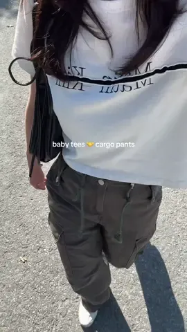 showing off my new cargos <3 top is from matin kim!   #OOTD #streetwear #outfitinspo #outfitcheck #outfitideas baby tee cargos casual outfits baggy jeans @Codibook fit check ootd fyp trendy style