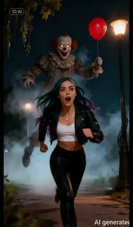 Une fuite désespérée dans la nuit… le souffle court, la peur au ventre. Et derrière, le clown de Ça s’avance lentement, avec son ballon rouge et son sourire dément. Un cauchemar filmé en format vertical, où chaque pas pourrait être le dernier. #Horreur #ClownDeÇa #HalloweenVibes #ScèneCauchemardesque #iaflow 