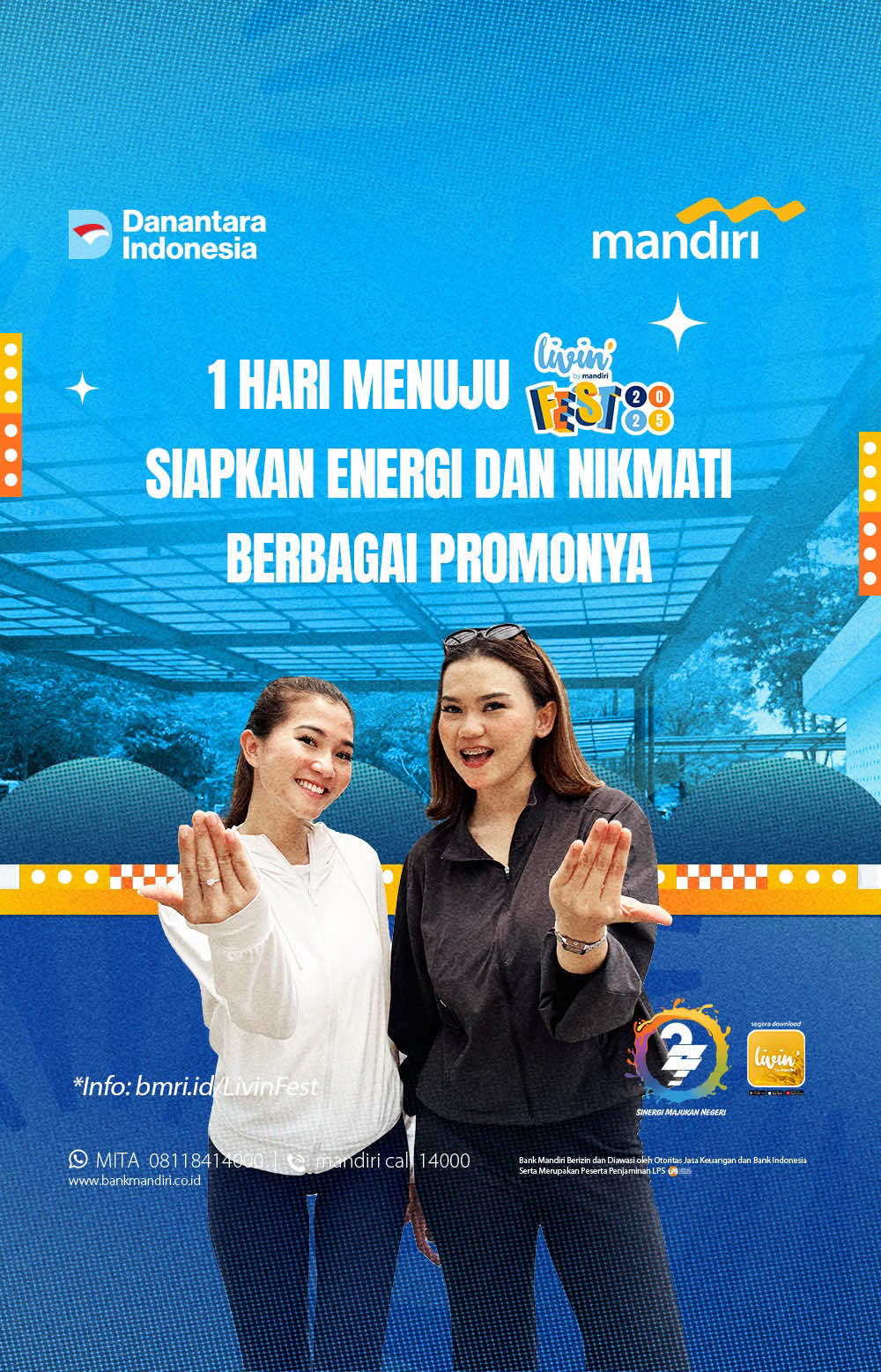 Udah persiapan buat seru-seruan di Livin’ Fest 2025? 🎉✨ Saatnya nikmati serunya konser musik, run fest, nonton match padel artis, kulineran, belanja kebutuhan lifestyle, dan masih banyak lagi! 🎶🏃‍♀️🥳🍔🛍️ 📍 NICE PIK 2, Jakarta | 16–19 Oktober 2025 Masuknya bebas biaya, lho! Registrasi dan dapatkan info lengkapnya di 👉 bmri.id/livinfest Yuk, ajak teman dan keluarga kamu buat wujudkan impian dan penuhi semua kebutuhan di Livin’ Fest 2025! Bank Mandiri berizin dan diawasi oleh Otoritas Jasa Keuangan dan Bank Indonesia, serta merupakan peserta penjaminan LPS. #LivinFest #HUTMandiriSemuaHepi #Mandiri27Tahun #BankMandiri