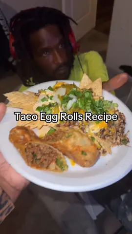 #Tacotuesday Egg Rolls Recipe Eggrolls wrappers  Ground beef Taco seasoning  Toppings: onion, cilantro, jalapeno, cheese, tomatoes  Oil for frying  1 egg and water to coat the wrapper  Fill egg roll wrappers with ingredients of choice (make sure meat is cooked please) Use egg yolk and water to seal the edges and then wrap into an eggrolls. Place in the freezer for 15-20 min to firm and then fry in oil. 