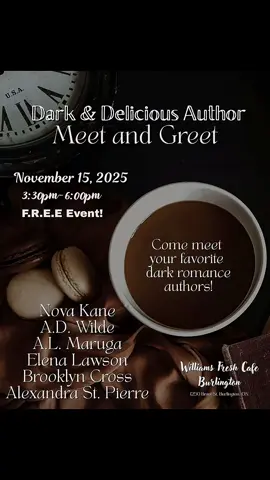 Calling Canadian bookstagram! Meet and Greet in Southwestern Ontario on November 15th for dark romance authors and readers! An amazing group of Canadian authors have gotten together to arrange a 𝐅.𝐑.𝐄.𝐄 meet and greet here in Ontario at the Williams Fresh Cafe in Burlington. Come grab a coffee, chat with some amazing authors and readers, and have a fantastic time. Please 𝐑𝐒𝐕𝐏 as space will be limited.  Preorders are being added to Beventi for each author. ⬆️ Links in bio. 𝗡𝗼 𝐛𝐨𝐨𝐤𝐬 𝗼𝗿 𝗺𝗲𝗿𝗰𝗵 𝐰𝐢𝐥𝐥 𝐛𝐞 𝐚𝐯𝐚𝐢𝐥𝐚𝐛𝐥𝐞 𝐟𝐨𝐫 𝐬𝐚𝐥𝐞 𝐚𝐭 𝐭𝐡𝐞 𝐞𝐯𝐞𝐧𝐭. 🌟You are welcome to bring your books from home to be signed.  #darkromance #canadianauthors #canadianbookevent #meetandgreet #bookevent     @Author Brooklyn Cross       @Author A.D. Wilde @Elena Lawson @Alexandra St Pierre 📚🐈‍⬛ @𝕹𝖔𝖛𝖆 🦇 