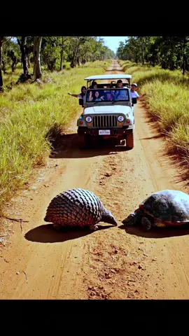 A cinematic ultra-realistic wildlife documentary scene. A wide drone camera captures a dry, dusty jungle road surrounded by dry bushes and yellow grass under bright sunlight. In the center, a pangolin and a snapping turtle stand face to face on the dirt road, ready for a territorial fight. The camera is far away, like a professional National Geographic setup, slowly zooming in. The pangolin curls tightly into a metallic ball, and the turtle hides inside its shell. Both start spinning rapidly like bronze coins, raising clouds of dust. When they collide, a sudden burst of fiery sparks and glowing embers flashes between them — as if their armored shells strike with intense friction. The dust mixes with glowing orange sparks, creating a stunning natural-looking energy effect. They bounce apart, spin again, and collide a second and third time, each impact releasing more small bursts of glowing fire sparks. Behind them, a car stands with a few people inside clapping and cheering in amazement. The sunlight flickers through the smoke and dust, giving a surreal yet realistic wildlife documentary look — filmed in cinematic 4K quality with heat haze, lens flare, and natural sound atmosphere.Animals life birds life🙃🙂😲   #animals  #ai  #wildlife  #petlife #Nature         